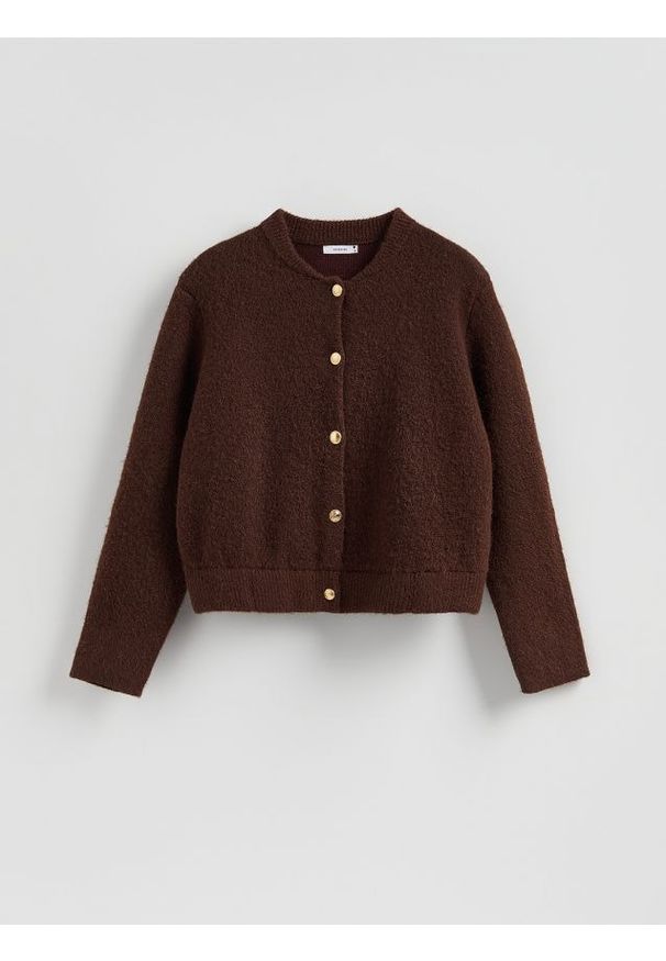 Reserved - Kardigan z dekoracyjnymi guzikami - brązowy. Kolor: brązowy. Materiał: dzianina, wełna, wiskoza