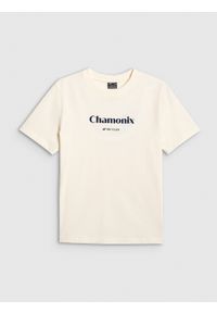 4f - 4F T-shirt loose z nadrukiem damski - beżowy M. Okazja: na co dzień. Kolor: beżowy. Materiał: materiał, dzianina, bawełna. Wzór: nadruk. Styl: casual #1