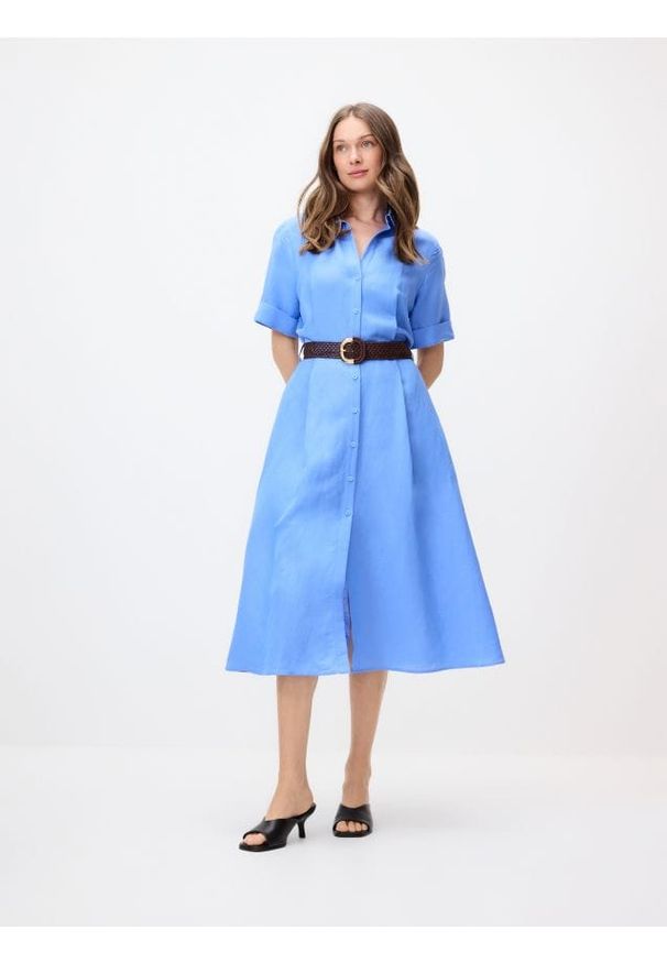 Reserved - Sukienka midi z lnem - niebieski. Kolor: niebieski. Materiał: len. Długość: midi
