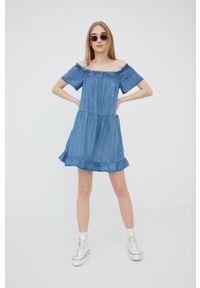 Superdry sukienka mini rozkloszowana. Typ kołnierza: dekolt hiszpanka. Kolor: niebieski. Materiał: tkanina, jedwab, materiał, lyocell. Typ sukienki: rozkloszowane. Długość: mini #4