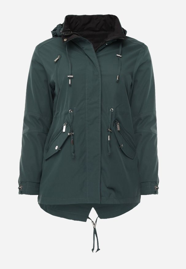 Born2be - Ciemnozielona Dwustronna Kurtka Przejściowa w Stylu Parki z Kapturem Tidala. Okazja: na co dzień. Typ kołnierza: kaptur. Kolekcja: plus size. Kolor: zielony. Materiał: poliester, jeans, materiał. Wzór: aplikacja. Styl: casual, klasyczny