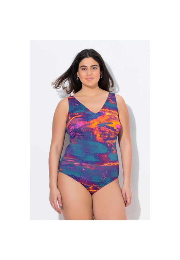 ULLA POPKEN - Damski Strój kąpielowy bez miękkich miseczek dekolt w serek z recyklingu. Kolekcja: plus size. Kolor: pomarańczowy, wielokolorowy, żółty. Materiał: poliester, elastan, poliamid, materiał