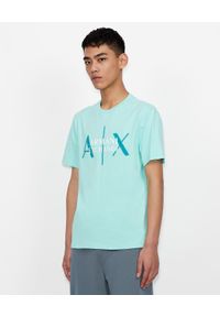 Armani Exchange - ARMANI EXCHANGE - Błękitny T-shirt z logo. Okazja: na co dzień. Kolor: niebieski. Materiał: jeans, bawełna. Wzór: nadruk. Styl: klasyczny, casual #1