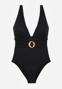 Born2be - Czarny Jednoczęściowy Strój Kąpielowy z Marszczeniem i Imitacją Paska z Klamrą Tinryss. Kolekcja: plus size. Kolor: czarny. Długość: długie #5