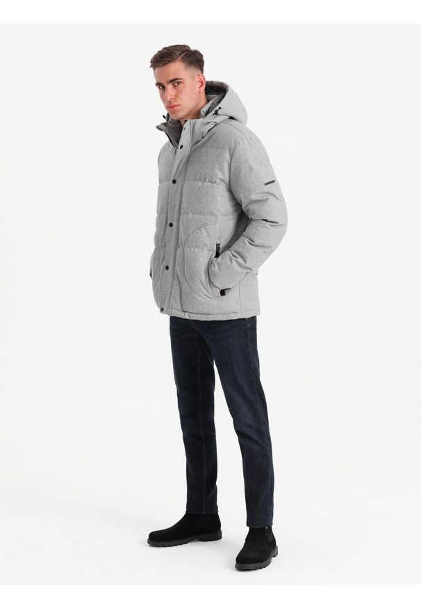 Ombre Clothing - Męska casualowa kurtka puffer z wełną – jasnoszary melanż V3 OM-JAHP-0203 - XXL. Okazja: na co dzień. Typ kołnierza: kołnierzyk stójkowy. Kolor: szary. Materiał: wełna. Długość: długie. Wzór: melanż. Styl: casual