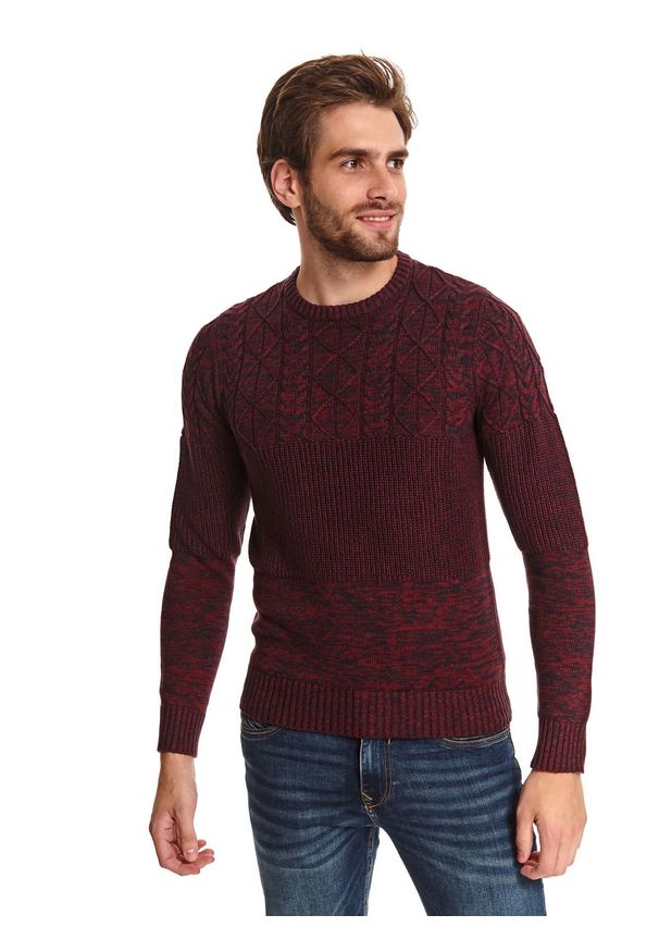 TOP SECRET - Sweter z przeplotami. Kolor: czerwony. Materiał: materiał. Długość: długie. Wzór: prążki, aplikacja. Sezon: zima