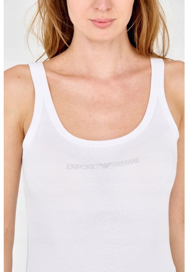 Emporio Armani - EMPORIO ARMANI Biały damski top z dżetowym logo, Rozmiar S. Kolor: biały. Materiał: bawełna
