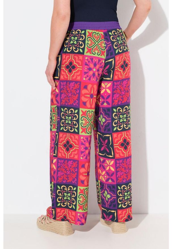 ULLA POPKEN - Damskie Spodnie palazzo wzór w płytki szeroka nogawka elastyczny pas. Kolekcja: plus size. Kolor: fioletowy. Materiał: wiskoza, materiał