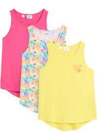 bonprix - Top dziewczęcy (3 szt.) z dżerseju z bawełny organicznej. Kolor: żółty. Materiał: bawełna, jersey. Wzór: nadruk. Sezon: lato