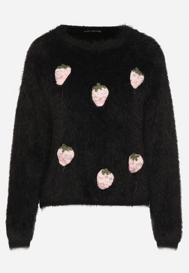 Born2be - Czarny Puchaty Sweter z Wełną i Aplikacjami Truskawek 3D Leraisa. Okazja: na co dzień. Kolor: czarny. Materiał: wełna. Wzór: aplikacja. Sezon: jesień, wiosna. Styl: klasyczny, elegancki, casual