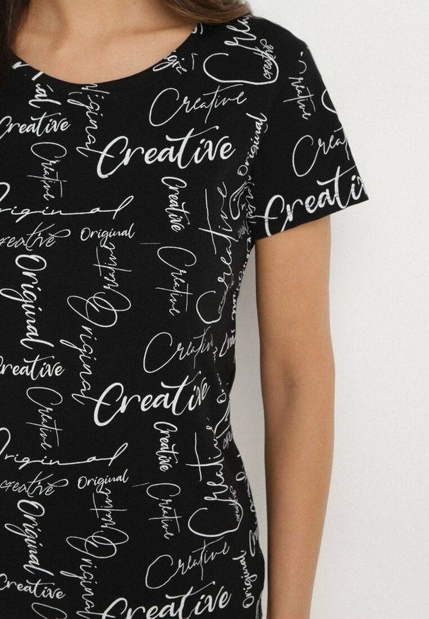 Born2be - Czarny T-shirt z Bawełny Zdobiony Nadrukiem z Napisami Mirindela. Okazja: na co dzień. Kolor: czarny. Materiał: bawełna. Wzór: napisy, aplikacja, nadruk. Styl: klasyczny, elegancki, casual