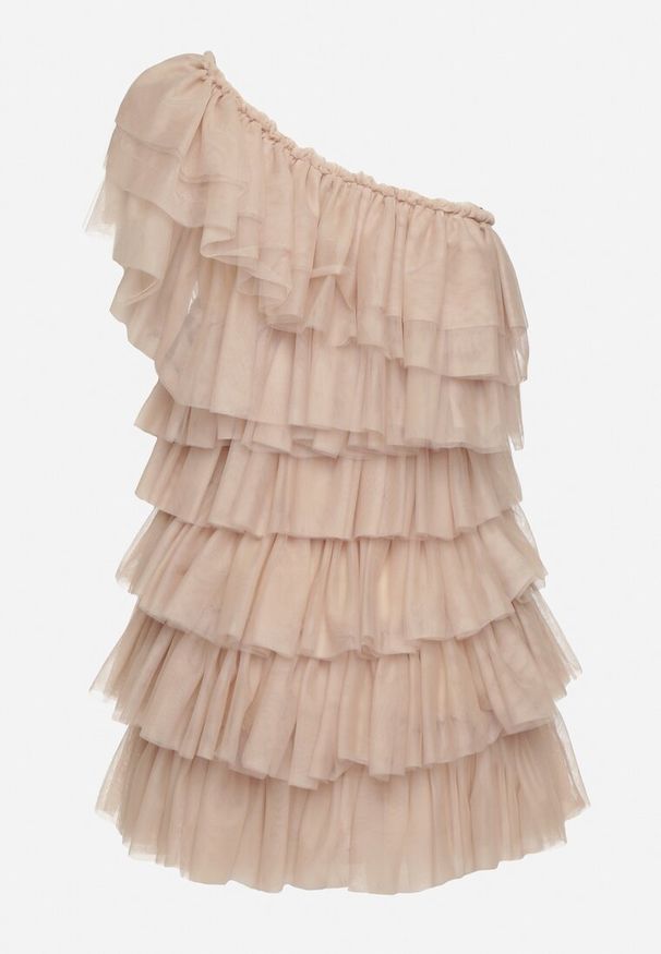 Born2be - Jasnobeżowa Sukienka Mini na Jedno Ramię Asymetryczna z Falbankami Nomenta. Typ kołnierza: kołnierz z falbankami. Kolor: beżowy. Typ sukienki: asymetryczne. Długość: mini