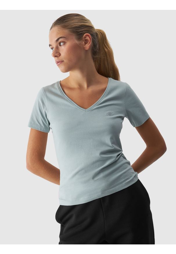4f - 4F T-shirt slim gładki damski - turkusowy XXL. Okazja: na co dzień. Typ kołnierza: dekolt w serek. Kolor: turkusowy. Materiał: jersey, materiał, bawełna, elastan, dzianina, skóra. Długość rękawa: krótki rękaw. Długość: krótkie. Wzór: gładki. Styl: sportowy, klasyczny, casual