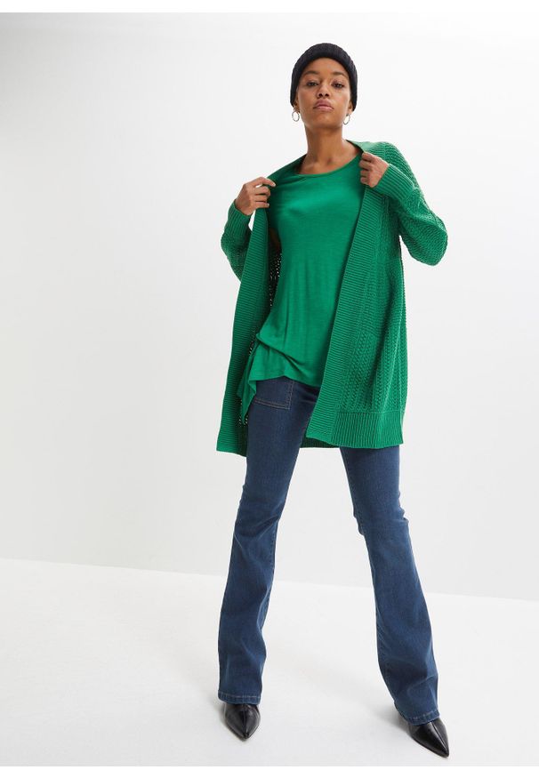bonprix - Długi sweter bez zapięcia. Kolor: zielony. Materiał: dzianina. Długość: długie