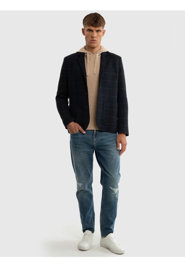Big-Star - Sweter męski z kapturem beżowy Hoods 800. Typ kołnierza: kaptur. Kolor: beżowy. Materiał: jeans, dzianina. Wzór: prążki, aplikacja, kolorowy. Styl: sportowy, klasyczny