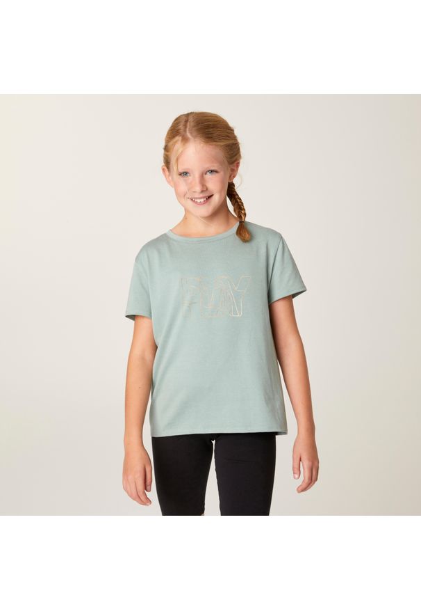 DOMYOS - Koszulka z krótkim rękawem dziecięca Domyos 500. Kolor: zielony. Materiał: materiał, bawełna, lyocell, elastan, poliester. Długość rękawa: krótki rękaw. Długość: krótkie