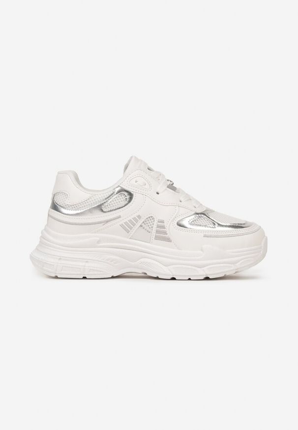 Renee - Białe Sneakersy na Tłoczonej Podeszwie z Ozdobnymi Wstawkami Lanevi. Kolor: biały. Wzór: aplikacja, kolorowy