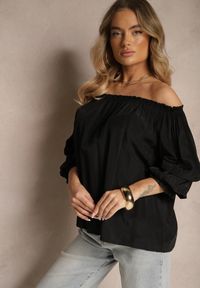 Renee - Czarna Bluzka z Wiskozą Ozdobiona Falbanami Melzivia. Okazja: na co dzień, na spacer. Kolor: czarny. Materiał: wiskoza. Wzór: aplikacja. Sezon: lato, wiosna. Styl: casual, elegancki #5