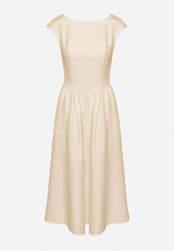 Born2be - Beżowa Sukienka o Rozkloszowanym Kroju z Wiązaniem i Dekoltem w Łódkę Aladriela. Okazja: na co dzień. Typ kołnierza: dekolt w łódkę. Kolor: beżowy. Długość rękawa: krótki rękaw. Sezon: wiosna, lato. Styl: klasyczny, casual