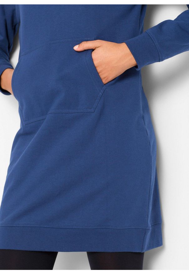 bonprix - Bawełniana sukienka dresowa. Typ kołnierza: kaptur. Kolor: niebieski. Materiał: bawełna, dresówka