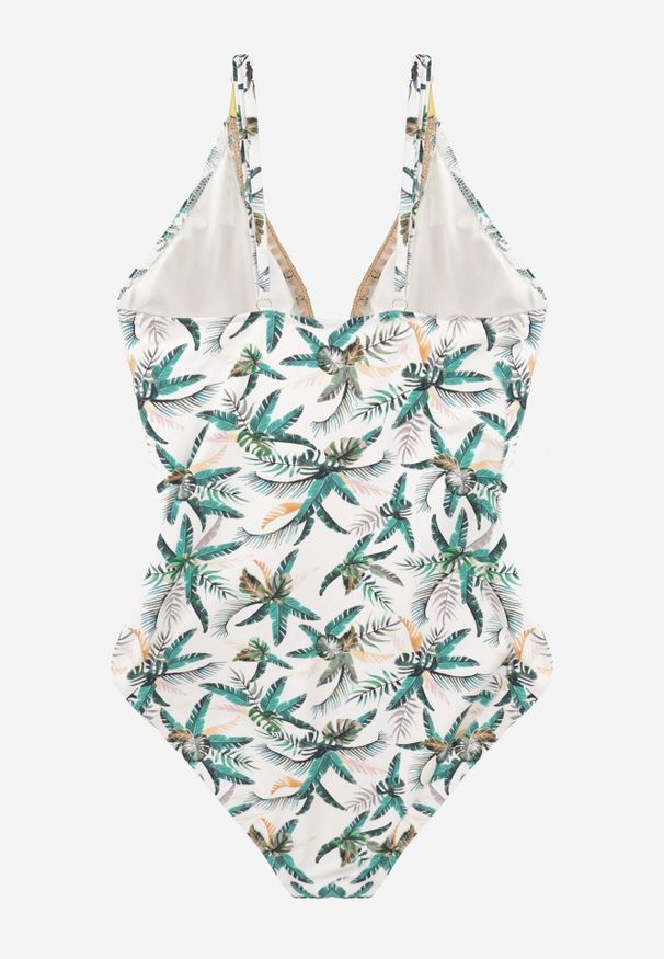 Born2be - Biało-Zielony Strój Kąpielowy w Liściasty Wzór Corravia. Kolekcja: plus size. Kolor: beżowy