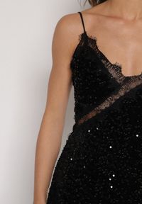 Born2be - Czarna Sukienka o Asymetrycznym Kroju z Cekinami i Koronką Eldafera. Kolor: czarny. Materiał: koronka. Długość rękawa: na ramiączkach. Wzór: koronka. Typ sukienki: asymetryczne. Styl: elegancki #4