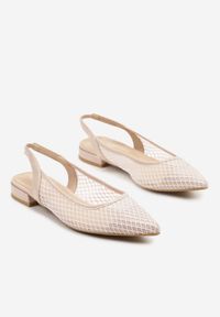 Renee - Beżowe Sandały Typu Slingback z Siateczkową Cholewką Gallevia. Okazja: na spacer. Kolor: beżowy. Wzór: kwiaty. Sezon: lato. Obcas: na obcasie. Styl: elegancki. Wysokość obcasa: niski #5