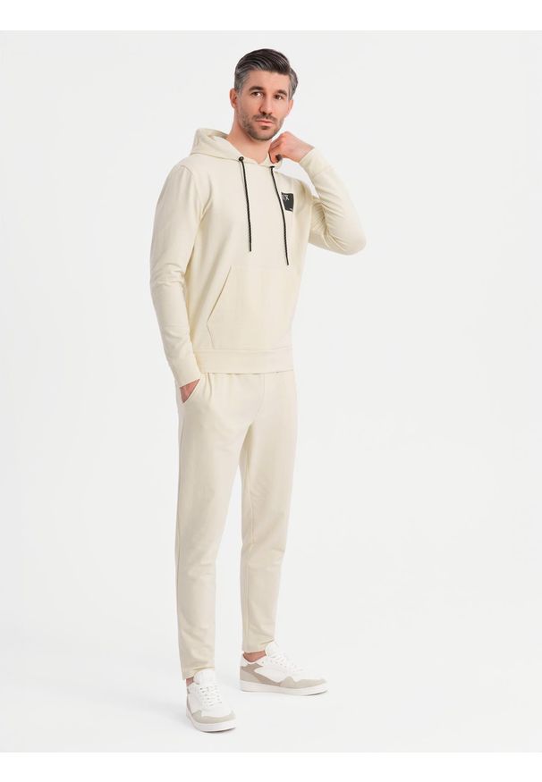 Ombre Clothing - Męski komplet dresowy bluza z kapturem + spodnie dresowe - kremowy V2 - Rozmiar: XXL. Okazja: na co dzień. Typ kołnierza: kaptur. Kolor: kremowy. Materiał: dresówka. Styl: casual