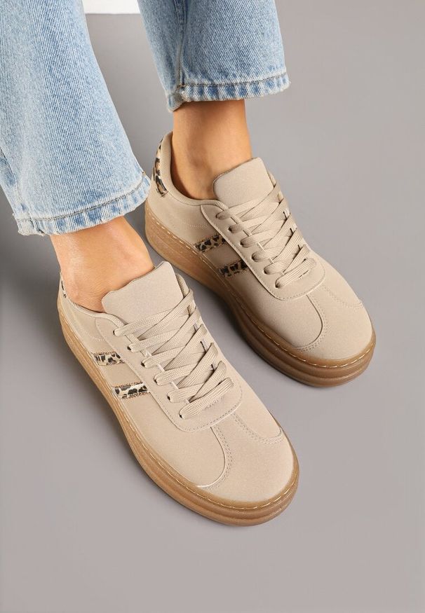 Born2be - Ciemnobeżowe Sneakersy na Grubej Podeszwie z Ozdobnym Wzorem Felimala. Okazja: na co dzień. Kolor: beżowy. Materiał: jeans