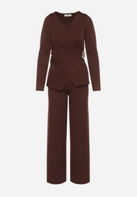 Born2be - Brązowy Komplet z Wiskozą Kopertowy Sweter z Broszką i Szerokie Spodnie Esnna. Kolor: brązowy. Materiał: wiskoza #5