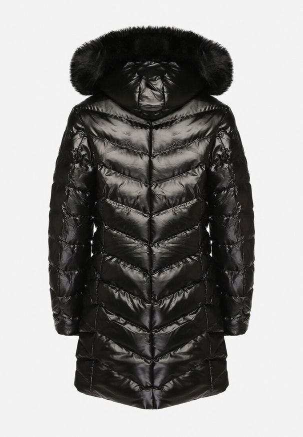 Born2be - Czarna Długa Pikowana Kurtka z Odpinanym Futerkiem i Sznurkami Rinnarae. Okazja: na co dzień, na spacer. Typ kołnierza: kaptur. Kolor: czarny. Materiał: futro. Długość: długie. Styl: casual, elegancki