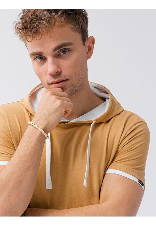 Ombre Clothing - T-shirt męski z kapturem bez nadruku S1376 - musztardowy - XXL. Okazja: na co dzień. Typ kołnierza: kaptur. Kolor: żółty. Materiał: bawełna, jersey, dzianina. Styl: klasyczny, casual
