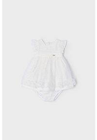 Mayoral Newborn sukienka niemowlęca kolor beżowy mini rozkloszowana. Kolor: beżowy. Długość rękawa: krótki rękaw. Typ sukienki: rozkloszowane. Długość: mini
