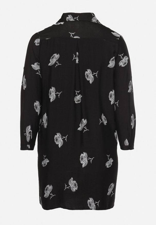 Born2be - Czarna Koszulowa Sukienka z Guzikami i Regulowanymi Rękawami Xatella. Kolekcja: plus size. Kolor: czarny. Wzór: kwiaty. Typ sukienki: koszulowe