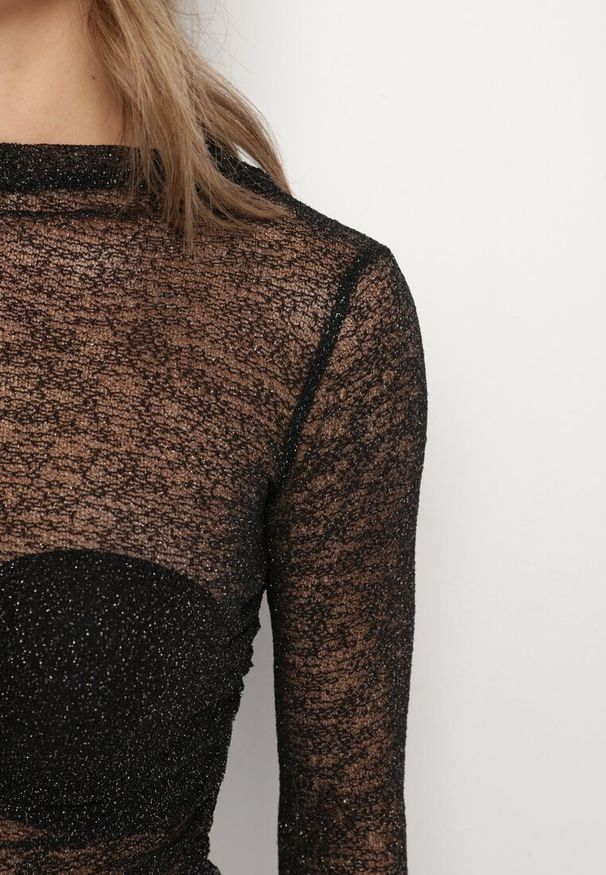 Born2be - Czarna Siateczkowa Bluzka z Długim Rękawem Zdobiona Metaliczną Nicią Salamera. Okazja: na spotkanie biznesowe, do pracy. Kolor: czarny. Materiał: skóra. Długość rękawa: długi rękaw. Długość: długie. Wzór: aplikacja. Styl: biznesowy