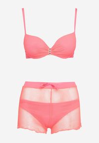 Born2be - Różowe Bikini Biustonosz z Push-Up Majtki Typu Figi i Szorty z Siateczki Vikkaila. Kolor: różowy