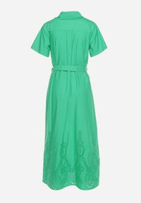 Born2be - Zielona Ażurowa Sukienka z Bawełny Zapinana na Guziki z Materiałowym Paskiem Dimosa. Kolor: zielony. Materiał: bawełna, materiał. Długość rękawa: krótki rękaw. Wzór: ażurowy. Styl: boho #5