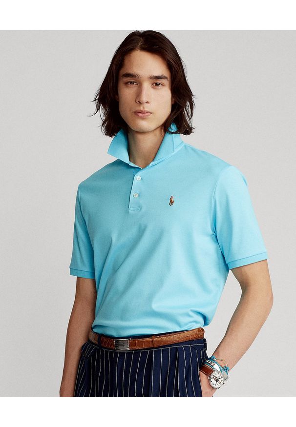 Ralph Lauren - RALPH LAUREN - Niebieska koszulka polo Custom Slim Fit. Okazja: na co dzień. Typ kołnierza: polo. Kolor: niebieski. Materiał: bawełna. Wzór: haft, kolorowy. Styl: casual