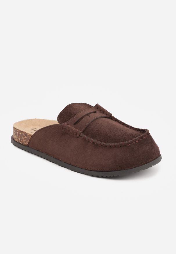 Renee - Brązowe Klapki Mule na Podeszwie z Korka z Ozdobnymi Przeszyciami Chionessa. Okazja: na co dzień. Kolor: brązowy. Styl: retro, casual