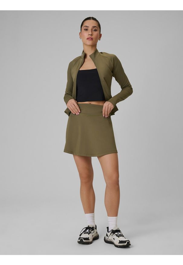4f - 4F Spódnica treningowa szybkoschnąca damska - oliwkowa S. Stan: podwyższony. Kolor: oliwkowy, brązowy, wielokolorowy. Długość: krótkie