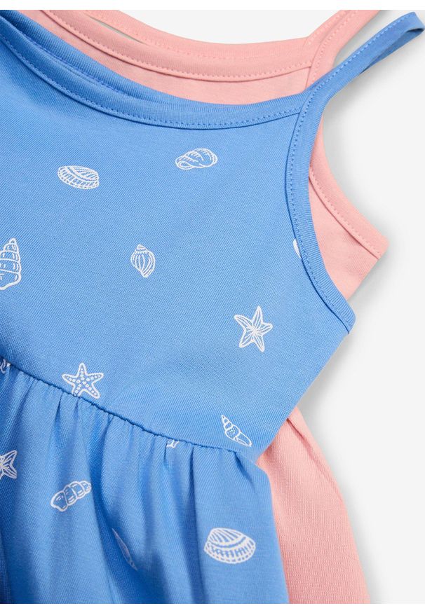 bonprix - Sukienka z dżerseju z czystej bawełny organicznej (2 szt.). Kolor: niebieski. Materiał: jersey, bawełna. Długość rękawa: na ramiączkach. Wzór: jednolity, nadruk. Sezon: lato