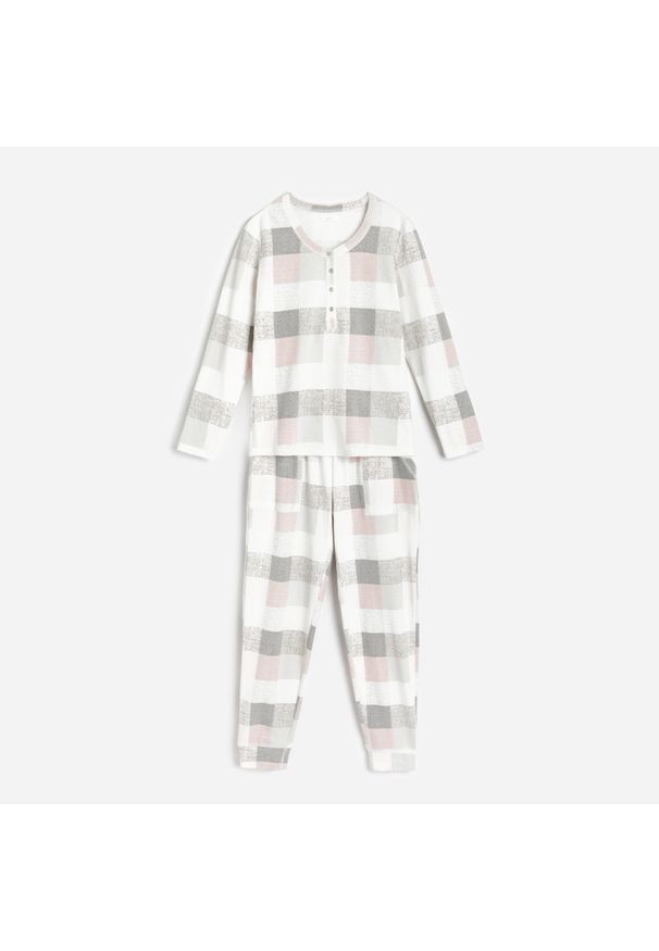 Reserved - Piżama ze spodniami w kratę - Kremowy. Kolor: kremowy