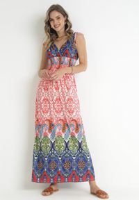 Born2be - Czerwono-Granatowa Sukienka z Szeroką Gumką w Talii w Etno Wzór Caroli. Kolor: czerwony. Styl: etno #2