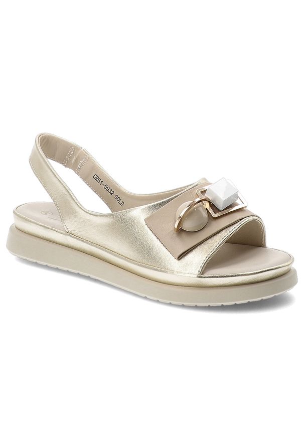 Sandały damskie S.Barski, ze skóry naturalnej metaliczne ozdobna klamra lekka podeszwa casual letnie, złote, GR61-5932. Okazja: na co dzień. Zapięcie: klamry. Kolor: złoty. Materiał: skóra. Sezon: lato. Styl: casual
