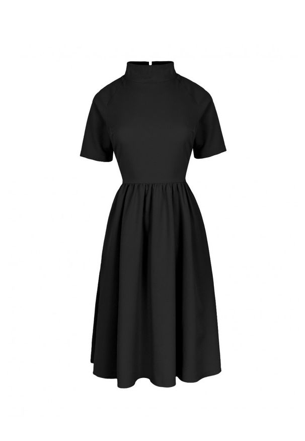 Sukienki.shop - Elegancka rozkloszowana sukienka z wywiniętą stójką czarna. Okazja: do pracy. Typ kołnierza: kołnierzyk stójkowy. Kolor: czarny. Styl: elegancki