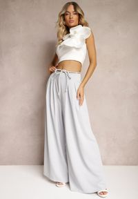 Renee - Jasnoniebieskie Szerokie Spodnie High Waist Zapinane na Suwak z Wiązaniem w Talii Vikonnia. Okazja: na co dzień. Stan: podwyższony. Kolor: niebieski. Styl: klasyczny, casual, elegancki