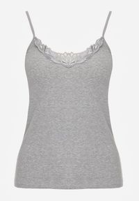 Renee - Ciemnoszary Bieliźniany Top na Ramiączkach z Bawełny Zdobiony Koronką Bernelle. Kolor: szary. Materiał: bawełna, koronka. Długość rękawa: na ramiączkach. Wzór: aplikacja, koronka #2