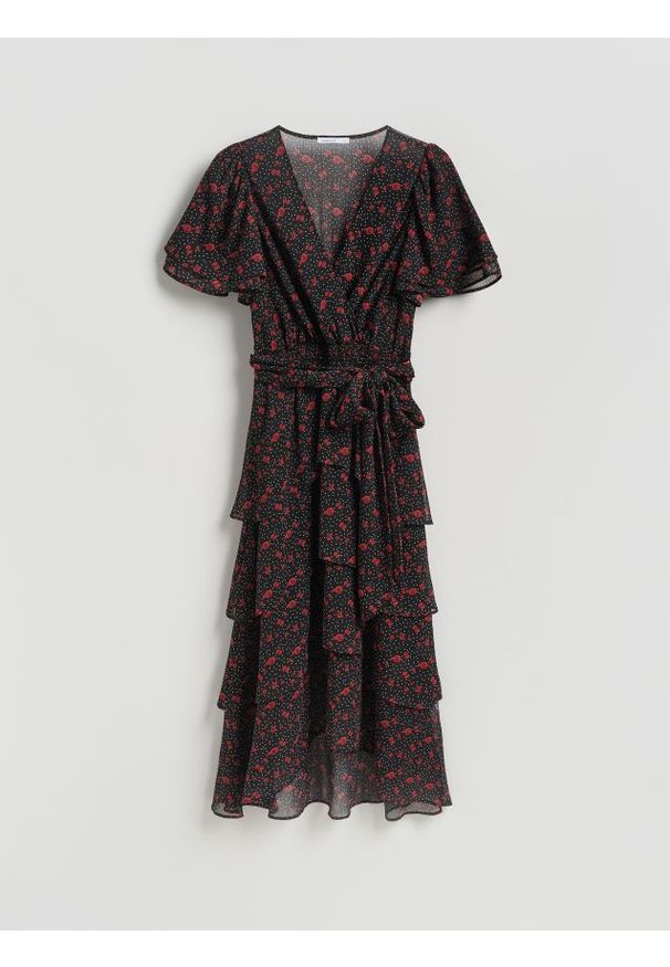 Reserved - Wzorzysta sukienka midi - czarny. Kolor: czarny. Materiał: tkanina. Długość: midi