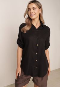 Born2be - Czarna Koszula Casual z Wiskozą i Lnem z Rękawami 3/4 Linyana. Okazja: na co dzień. Typ kołnierza: kołnierzyk klasyczny. Kolor: czarny. Materiał: wiskoza, len. Długość: długie. Styl: casual #1