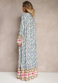 Renee - Niebieska Wiskozowa Sukienka z Printem w Stylu Boho z Chwostami Erianea. Okazja: na co dzień. Kolor: niebieski. Materiał: wiskoza. Długość rękawa: długi rękaw. Wzór: nadruk. Typ sukienki: proste. Styl: boho #4